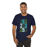 Model wearing the Two-Five-Three Premium Soft Tee featuring vibrant 253 design in blues and greens.