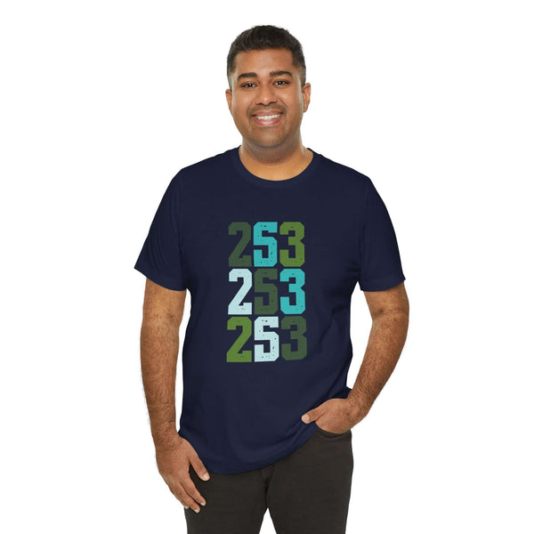 Model wearing the Two-Five-Three Premium Soft Tee featuring vibrant 253 design in blues and greens.