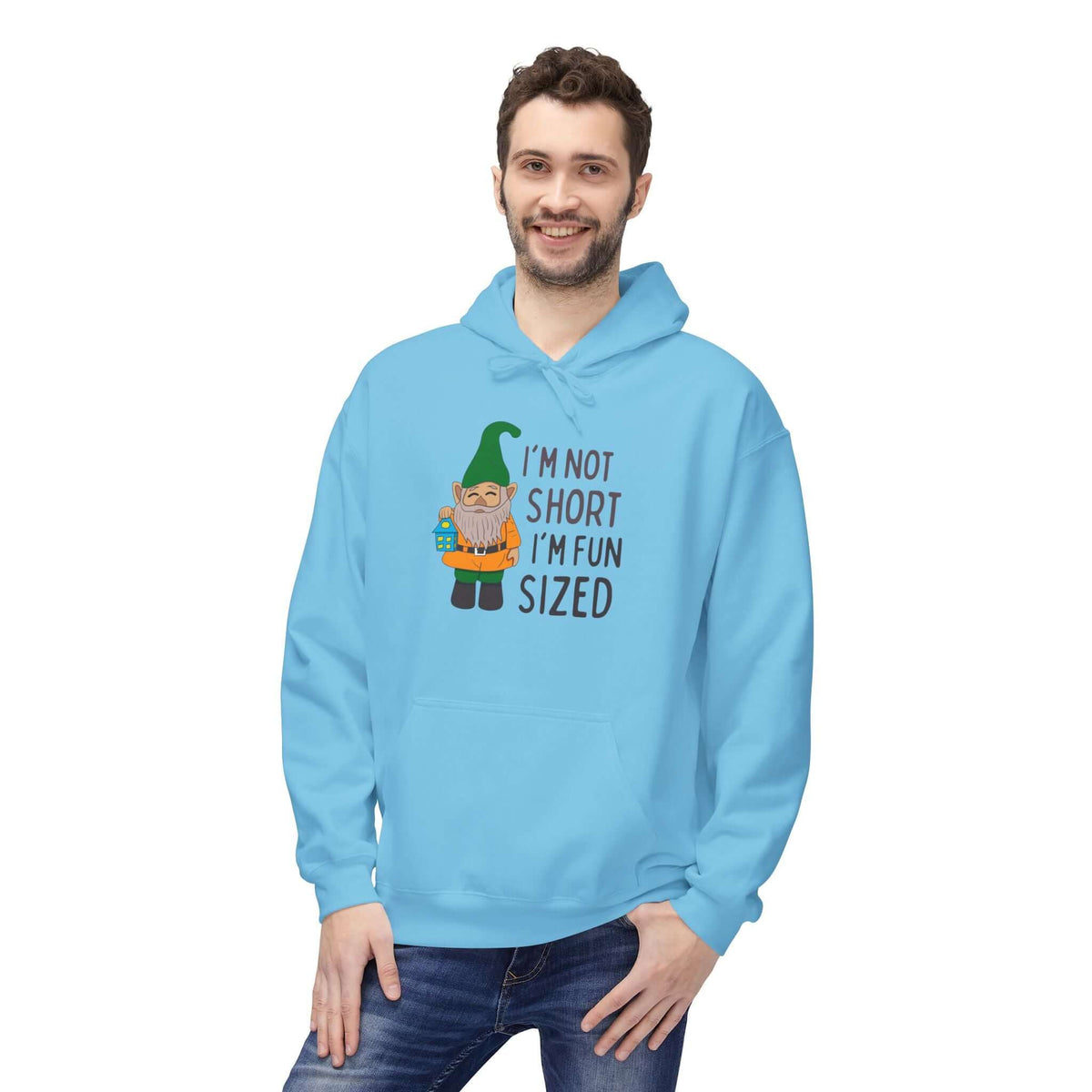 I'm not short I'm fun sized hoodie featuring a cute gnome graphic on a light blue background.