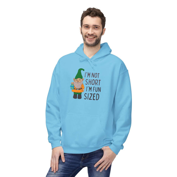 I'm not short I'm fun sized hoodie featuring a cute gnome graphic on a light blue background.