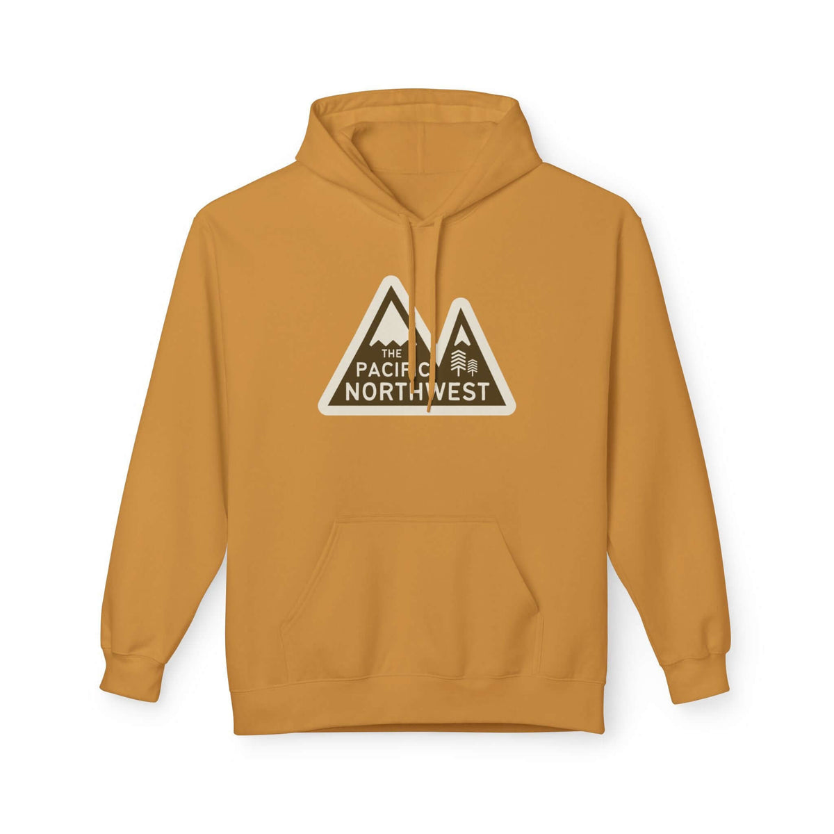 Pacific Northwest Heights Mountain Premium Midweight Hoodie in mustard color featuring mountain logo design