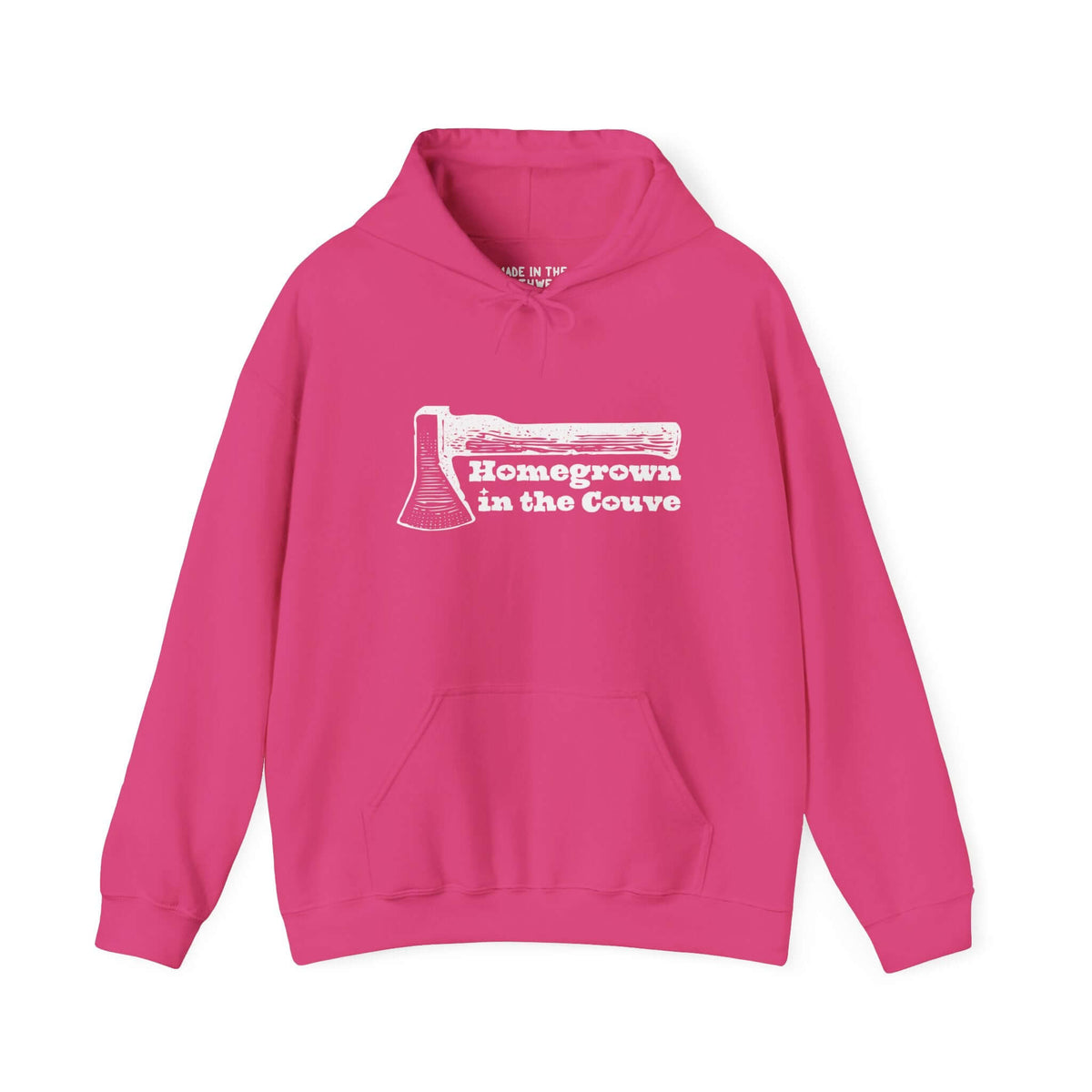 Pink "Homegrown in the Couve" hoodie featuring an axe illustration, celebrating Vancouver's craftsmanship and Pacific Northwest pride.