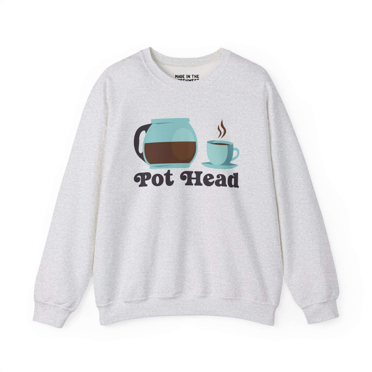 Grey coffee-themed sweatshirt with "Pot Head" text, featuring a coffee pot and cup graphic, perfect for caffeine lovers.