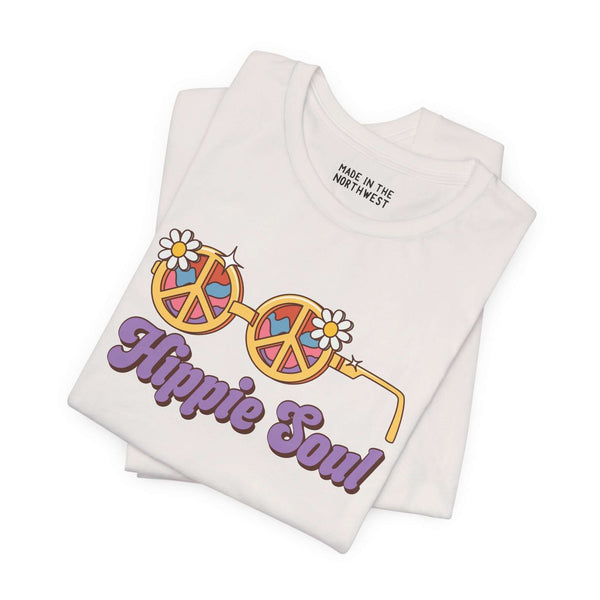 Hippie Soul retro peace tee with colorful flower glasses design, perfect for free spirits and vintage vibes.