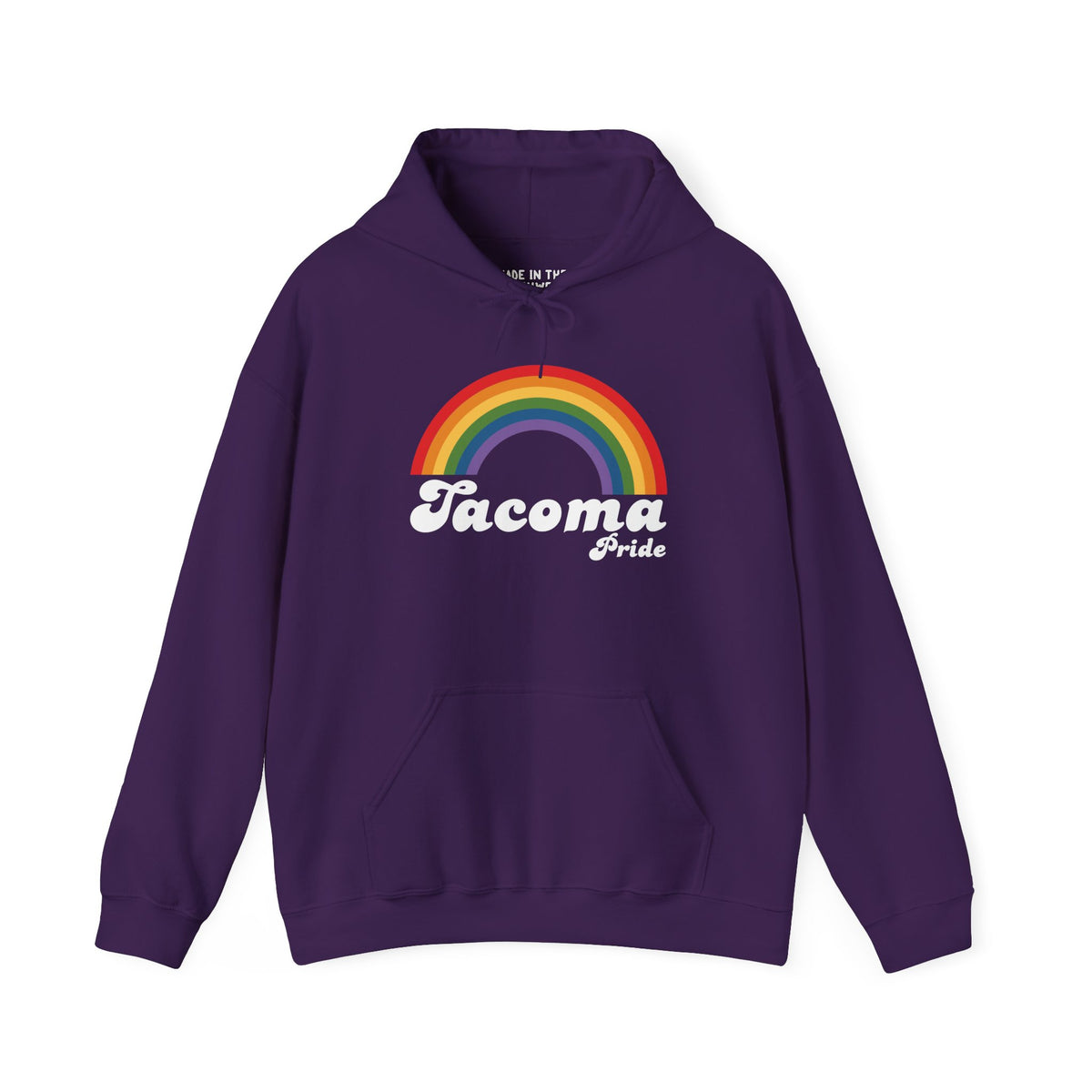 Purple Tacoma Pride hoodie featuring a vibrant rainbow design, celebrating love and equality.