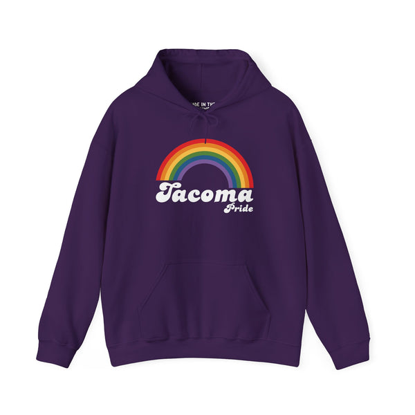 Purple Tacoma Pride hoodie featuring a vibrant rainbow design, celebrating love and equality.