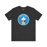 Bigfoot's Pride Parade tee with silhouette of Bigfoot in a rainbow tutu, 