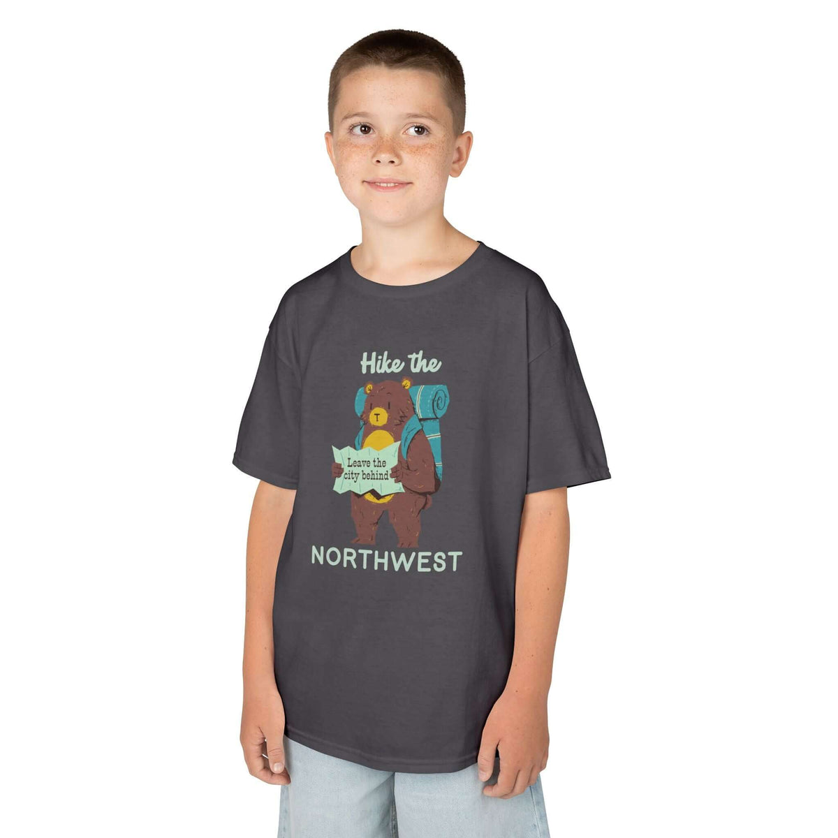 Hike the Northwest kids t shirt featuring a playful bear with a backpack and map, perfect for outdoor adventures.