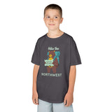 Hike the Northwest kids t shirt featuring a playful bear with a backpack and map, perfect for outdoor adventures.