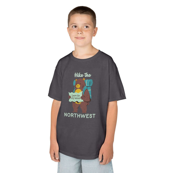 Hike the Northwest kids t shirt featuring a playful bear with a backpack and map, perfect for outdoor adventures.