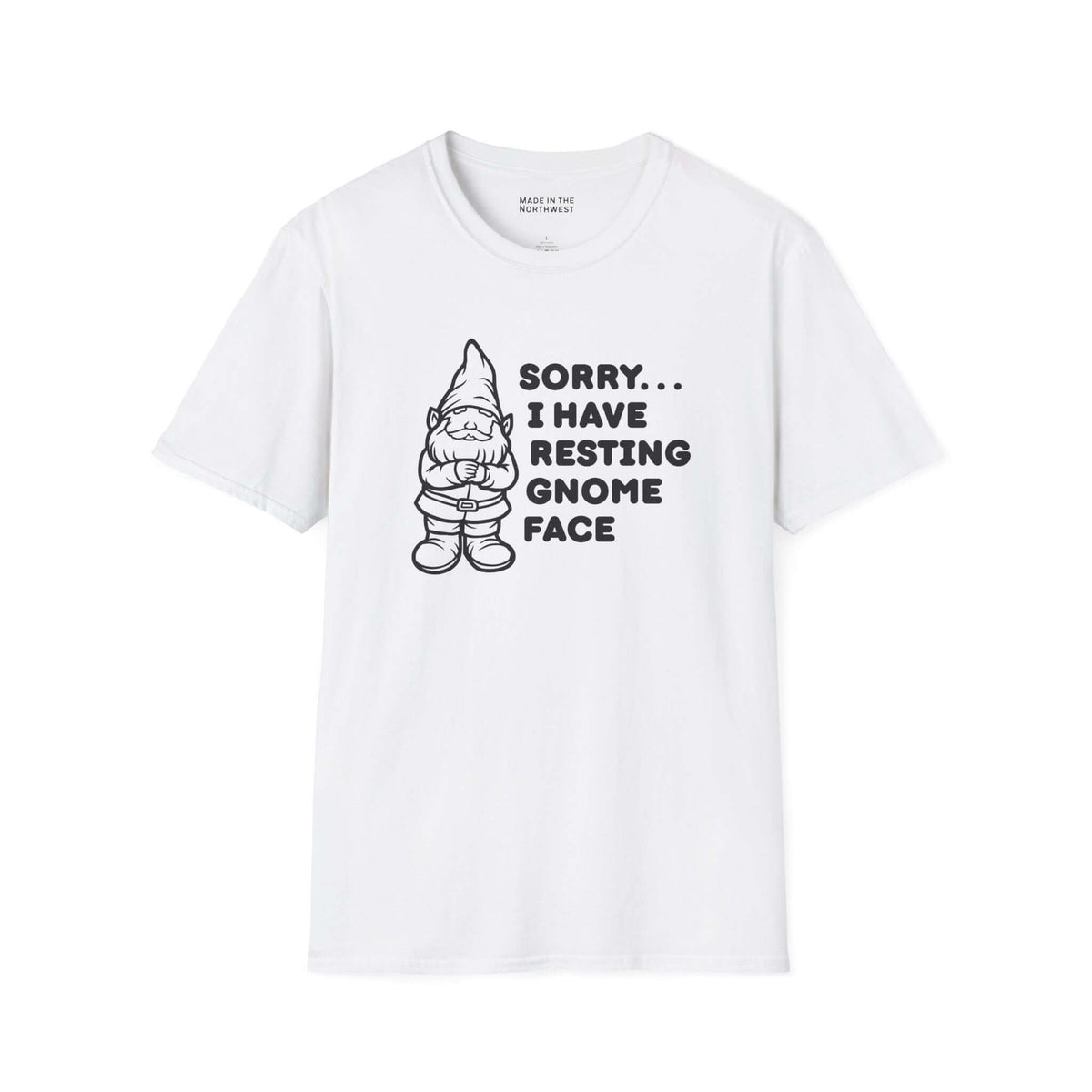 Resting gnome face t shirt featuring a grumpy gnome sketch with witty text on a lightweight white tee.