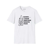 Resting gnome face t shirt featuring a grumpy gnome sketch with witty text on a lightweight white tee.