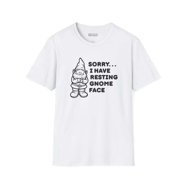Resting gnome face t shirt featuring a grumpy gnome sketch with witty text on a lightweight white tee.