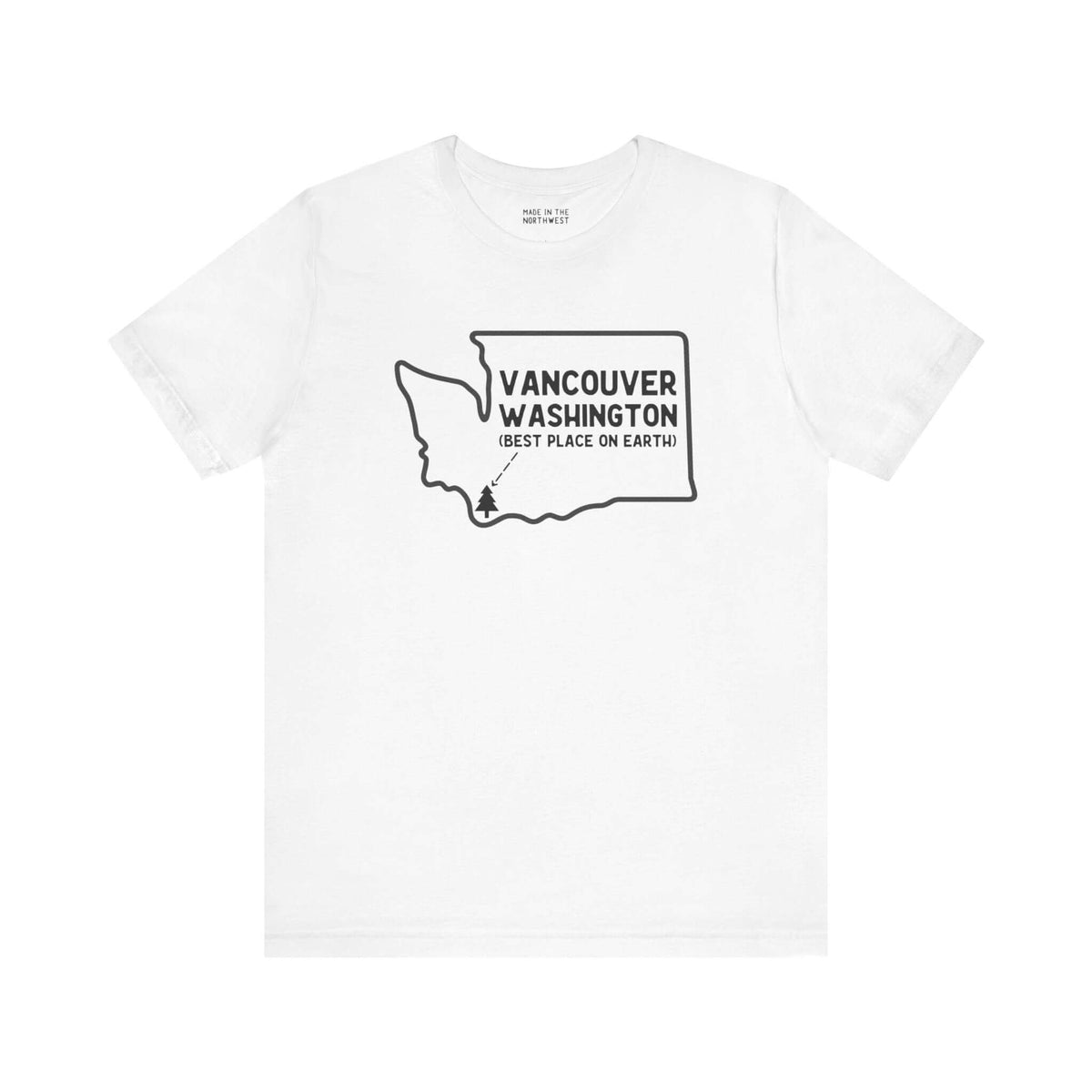 Vancouver Washington soft tee with state outline and tree icon, celebrating Pacific Northwest charm and hometown pride.