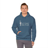 Man wearing Let That Shit Go Skeleton Hoodie with peace sign design, promoting relaxation and stress-free living.