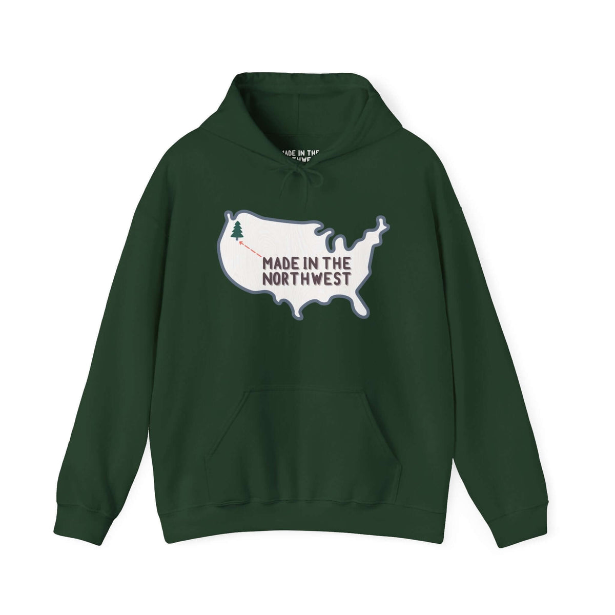 Evergreen is Where It's At Hoodie Show your love for the Pacific Northwest with our exclusive "Evergreen is Where it's At" hooded sweatshirt. This design features the woodgrain United States with a tree marking the PNW location, highlighted by an arrow an