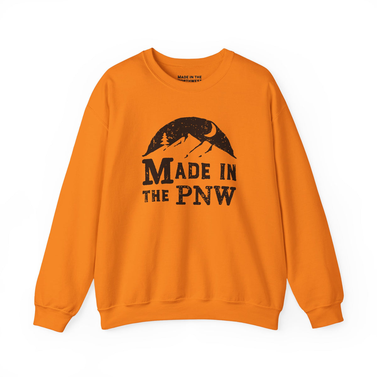 Made in the PNW sweatshirt in vibrant orange featuring a mountain and moon graphic.