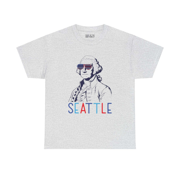 Seattle tee featuring George Washington with USA sunglasses, perfect for Fourth of July celebrations and city pride.