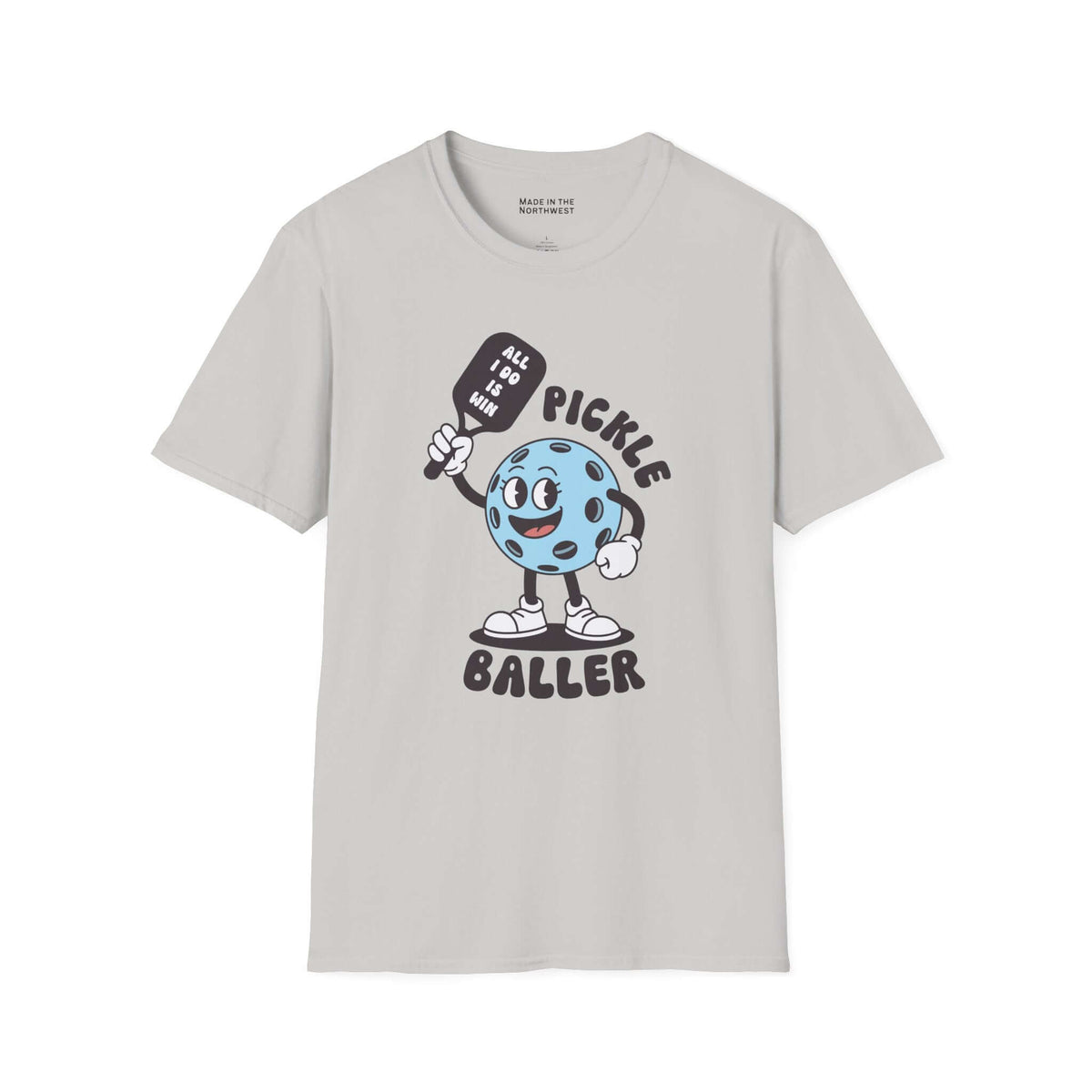Pickle Baller T Shirt featuring a playful blue pickle character with a racquet and cheeky caption.