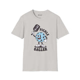 Pickle Baller T Shirt featuring a playful blue pickle character with a racquet and cheeky caption.
