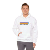 Model wearing white 'Too Gay To Think Straight' hoodie with colorful paint roller design.