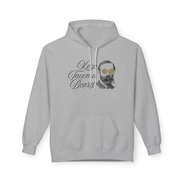 Keep Tacoma Beard Hoodie featuring a vintage bearded dude in sunglasses on a gray hoodie.