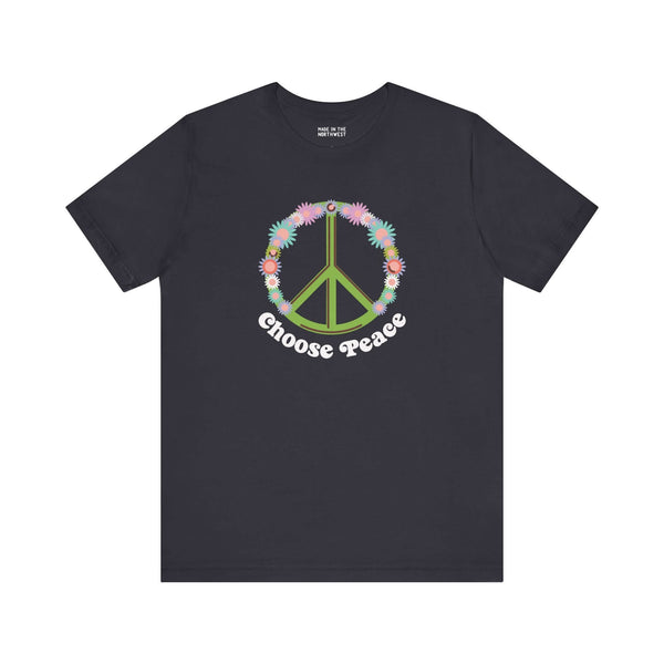 Choose Peace and Flowers soft tee with a green peace sign and vibrant flower design, spreading positivity and retro vibes.