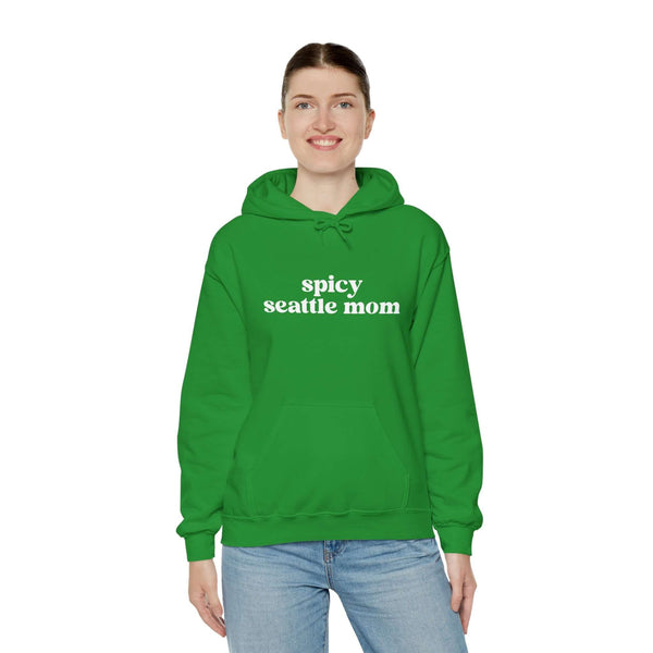 Spicy Seattle Mom hoodie in vibrant green, showcasing a fun and sassy design for bold moms.