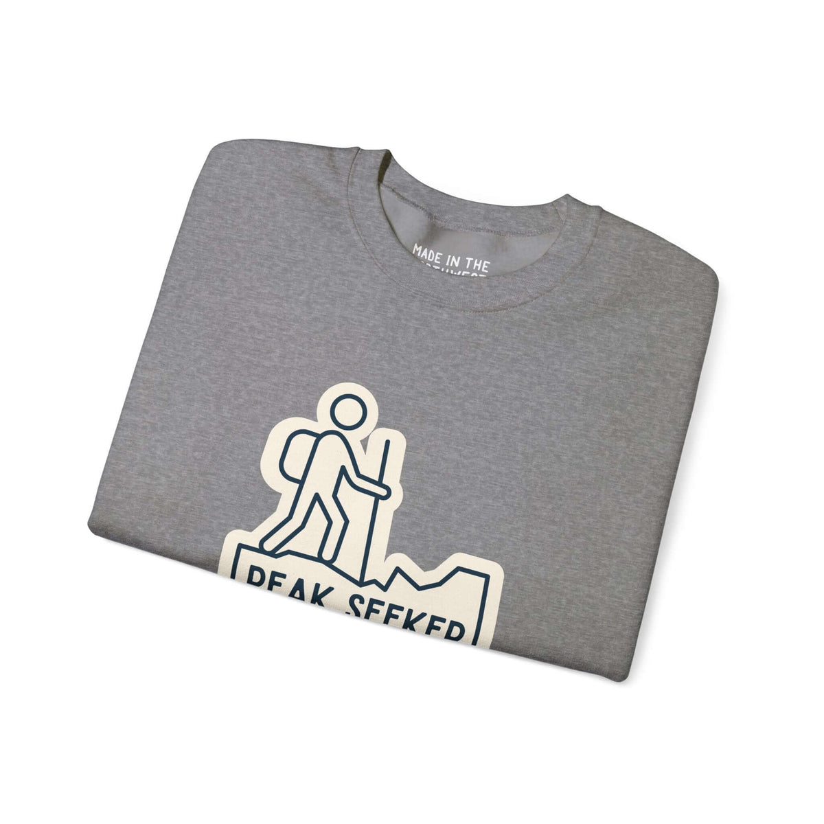 Gray Peak Seekers sweatshirt with modern hiking graphic, perfect for outdoor enthusiasts and mountain lovers.