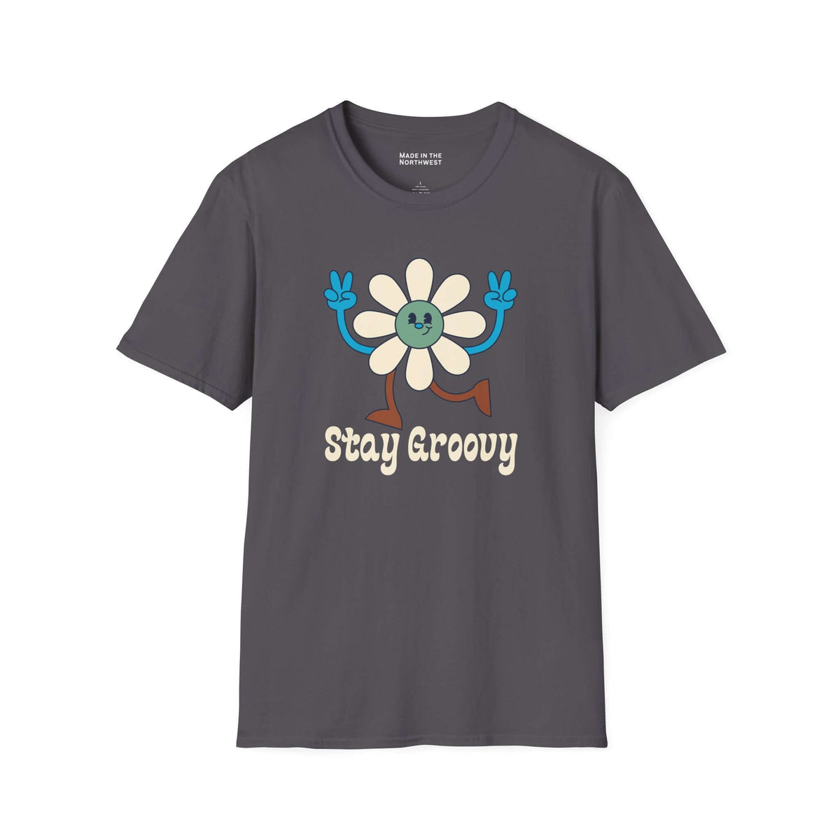 Stay Groovy T Shirt featuring a vibrant flower design and playful lettering, perfect for lovers of peace and good vibes.