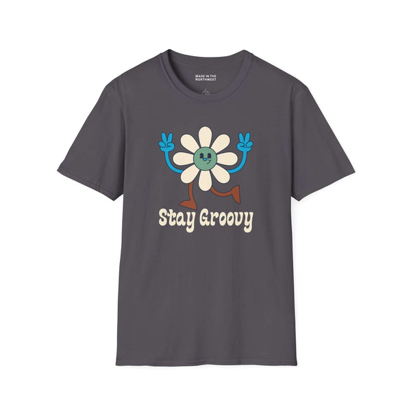 Stay Groovy T Shirt featuring a vibrant flower design and playful lettering, perfect for lovers of peace and good vibes.