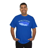 Man wearing a blue whale played tee featuring an illustrated whale and humorous text.