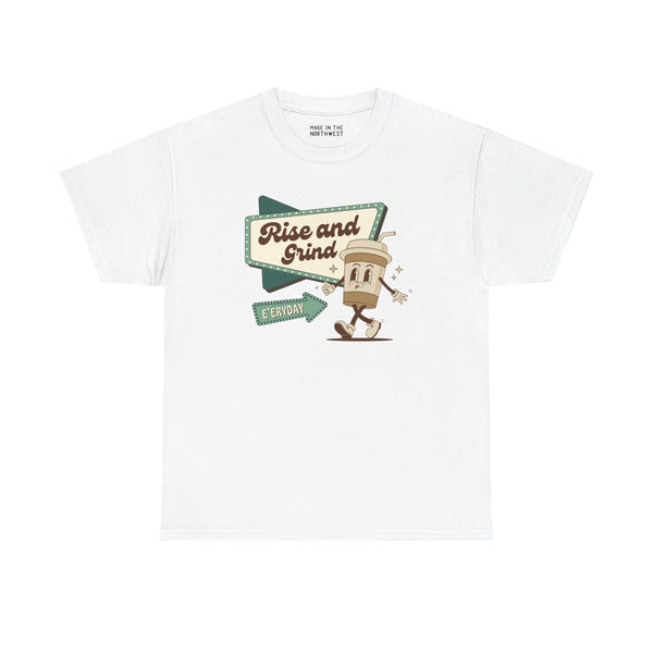 Rise and Grind E'eryday Coffee Athletic Tee featuring a playful coffee cup graphic on a white shirt.