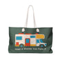 Home is Where You Park It RV Camper Weekender Bag with colorful RV graphic on a green background.