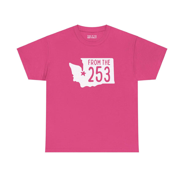 Pink "From the 253" athletic tee with Washington state silhouette and Tacoma star, showcasing local pride.