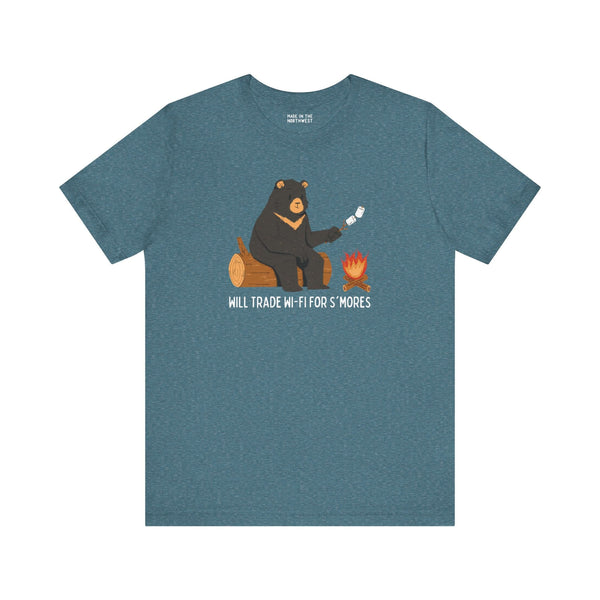 Will Trade Wi-Fi for S'mores premium tee featuring a bear roasting marshmallows by a campfire.