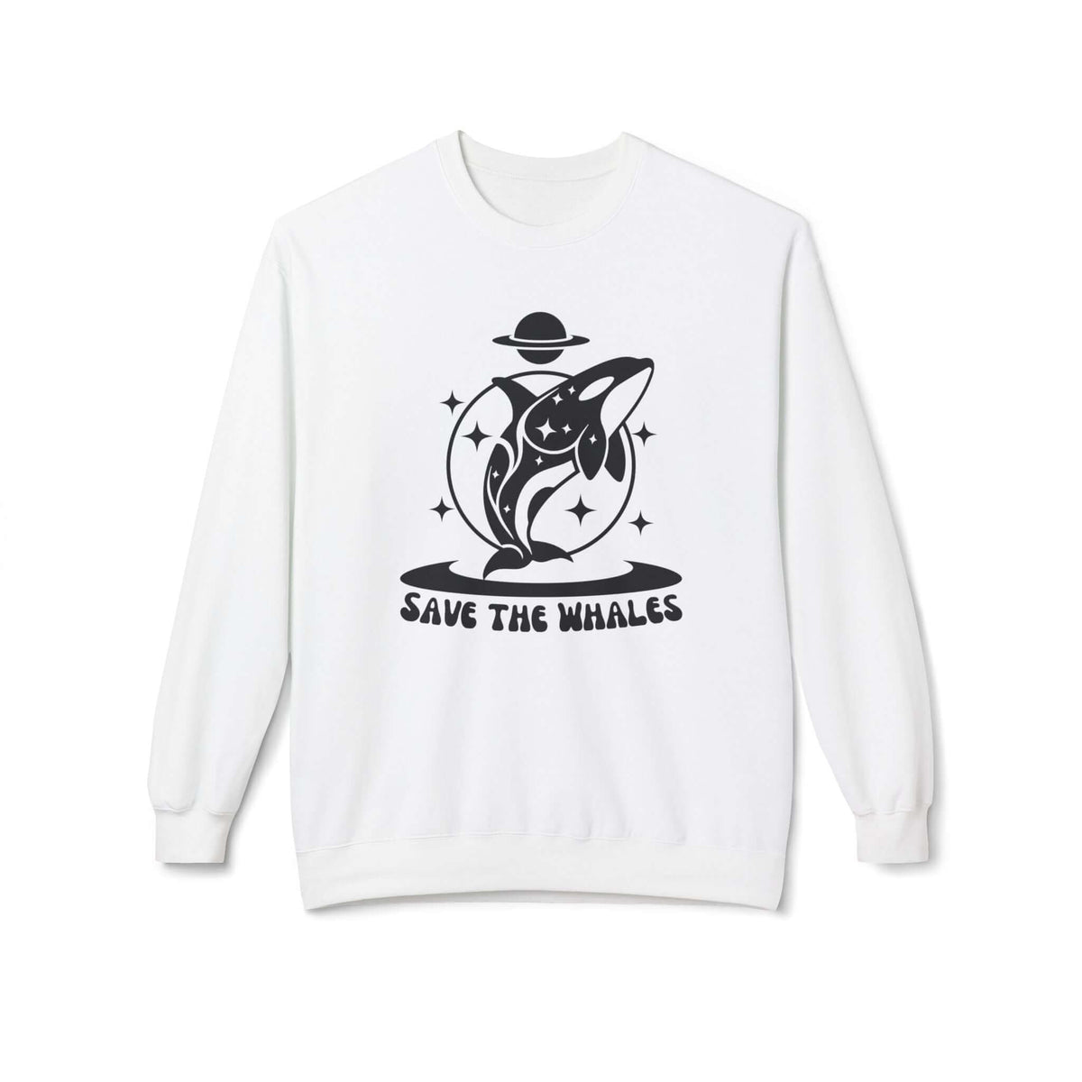 Save the Whales sweatshirt featuring a minimalist whale graphic and retro banner on a cozy white crewneck.