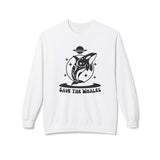Save the Whales sweatshirt featuring a minimalist whale graphic and retro banner on a cozy white crewneck.