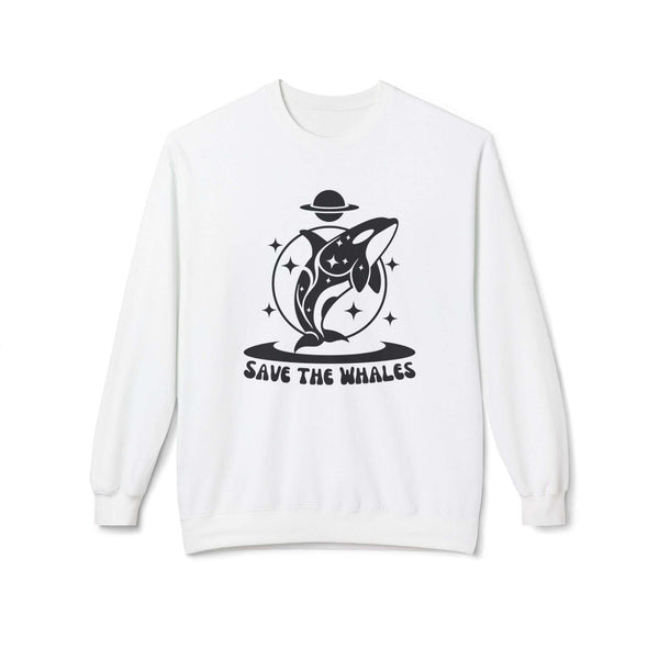 Save the Whales sweatshirt featuring a minimalist whale graphic and retro banner on a cozy white crewneck.