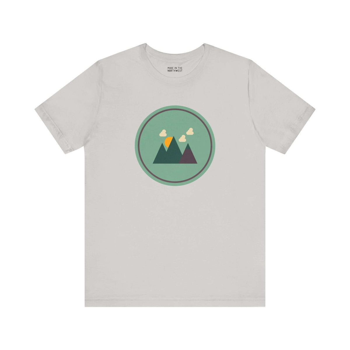 Minimalist tee featuring a circular design of mountains and clouds, perfect for outdoor enthusiasts.