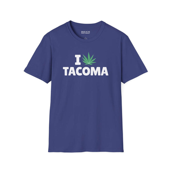 I Marijuana Tacoma T Shirt featuring a cannabis leaf graphic on a blue background.