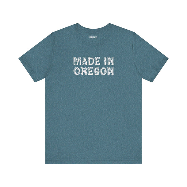 Premium soft tee featuring 'Made in Oregon' in rustic log font, perfect for outdoor enthusiasts.