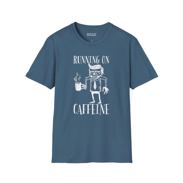 Running on Caffeine T Shirt featuring a quirky design of a frazzled worker with a coffee mug.