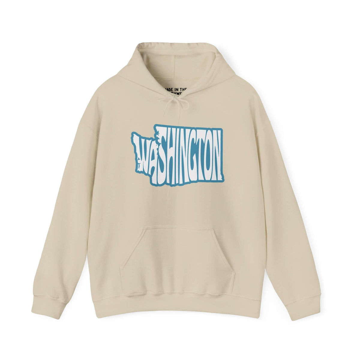 Beige hoodie with "Washington" in blue typography, shaped like the state, symbolizing Washington pride and Pacific Northwest spirit.