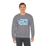 Gray Washington State of Mind typography sweatshirt featuring unique state-shaped design worn by a person.