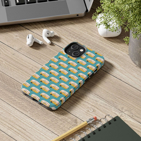 Happy Camper tough phone case featuring a cute vintage camper design, perfect for travel lovers and adventure enthusiasts.