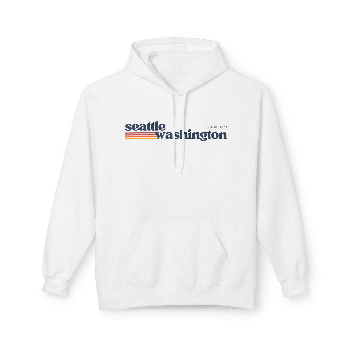 Retro Seattle Hoodie featuring minimalist Seattle Washington graphic and retro-inspired stripes.