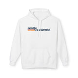 Retro Seattle Hoodie featuring minimalist Seattle Washington graphic and retro-inspired stripes.