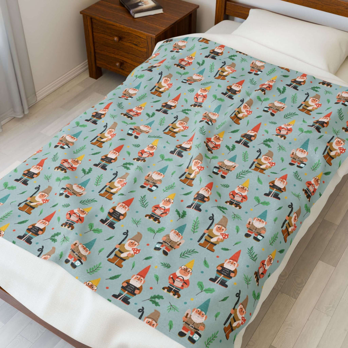 Garden Gnome Gathering Lightweight Cozy Blanket featuring playful gnomes and mushrooms on a bright blue background.