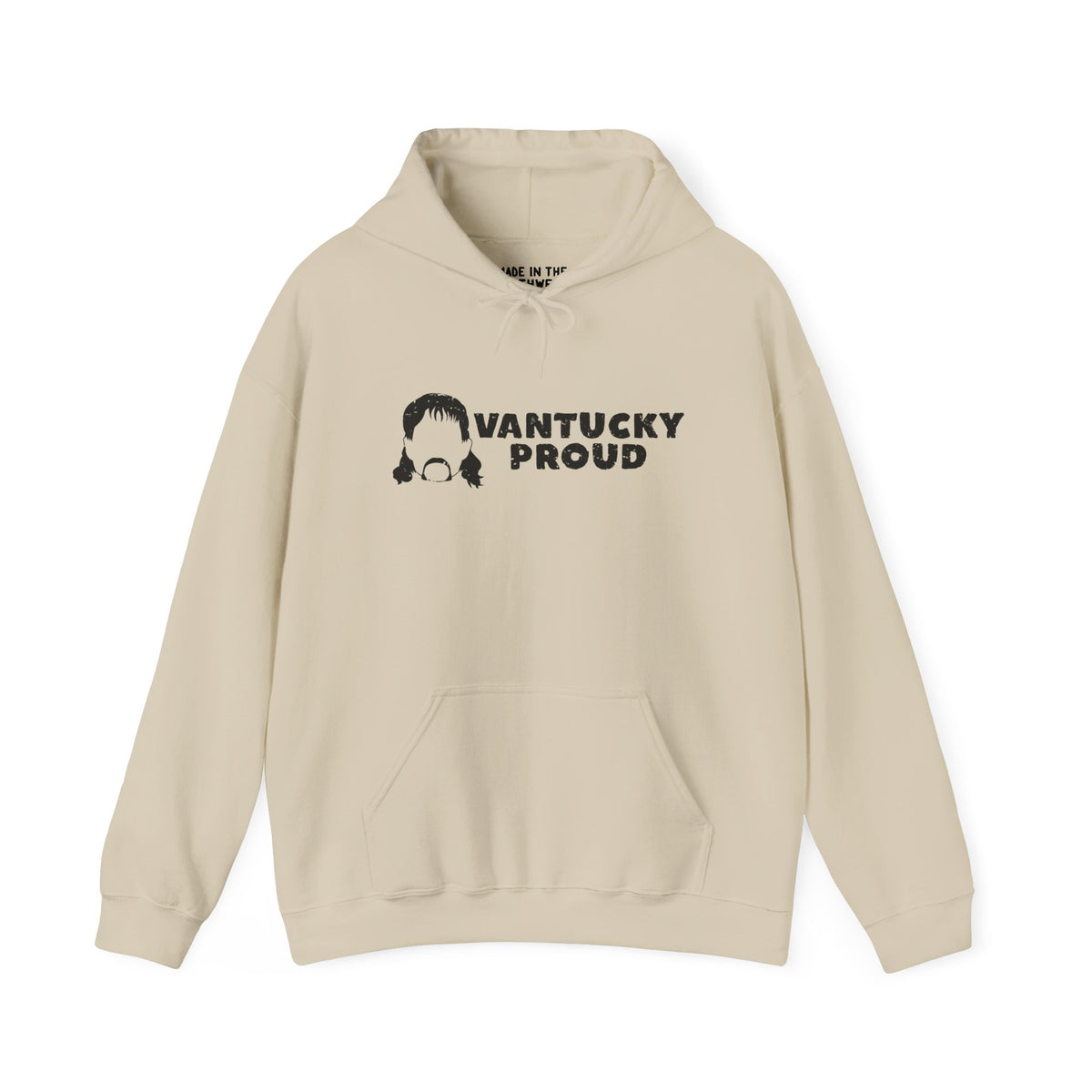 Vantucky Proud Rusty McCoy cozy hoodie in beige, featuring a bold graphic logo, perfect for showcasing local pride.